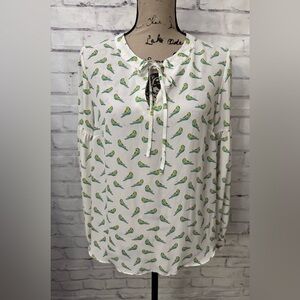 Rose + Olive Long Sleeve White Blouse Pastel Parakeet Birds Med Boho Feminine‎